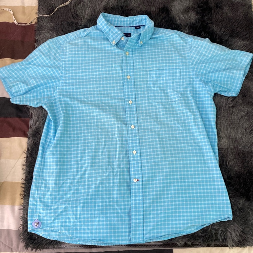 Crémieux aqua blue and white plaid shirt-sleeve button down shirt